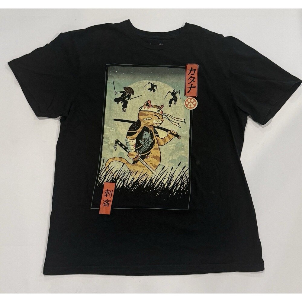 Threadless Mens Samurai Cat Ninja Moon Graphic T-Shirt Black Vincent Trinidad M